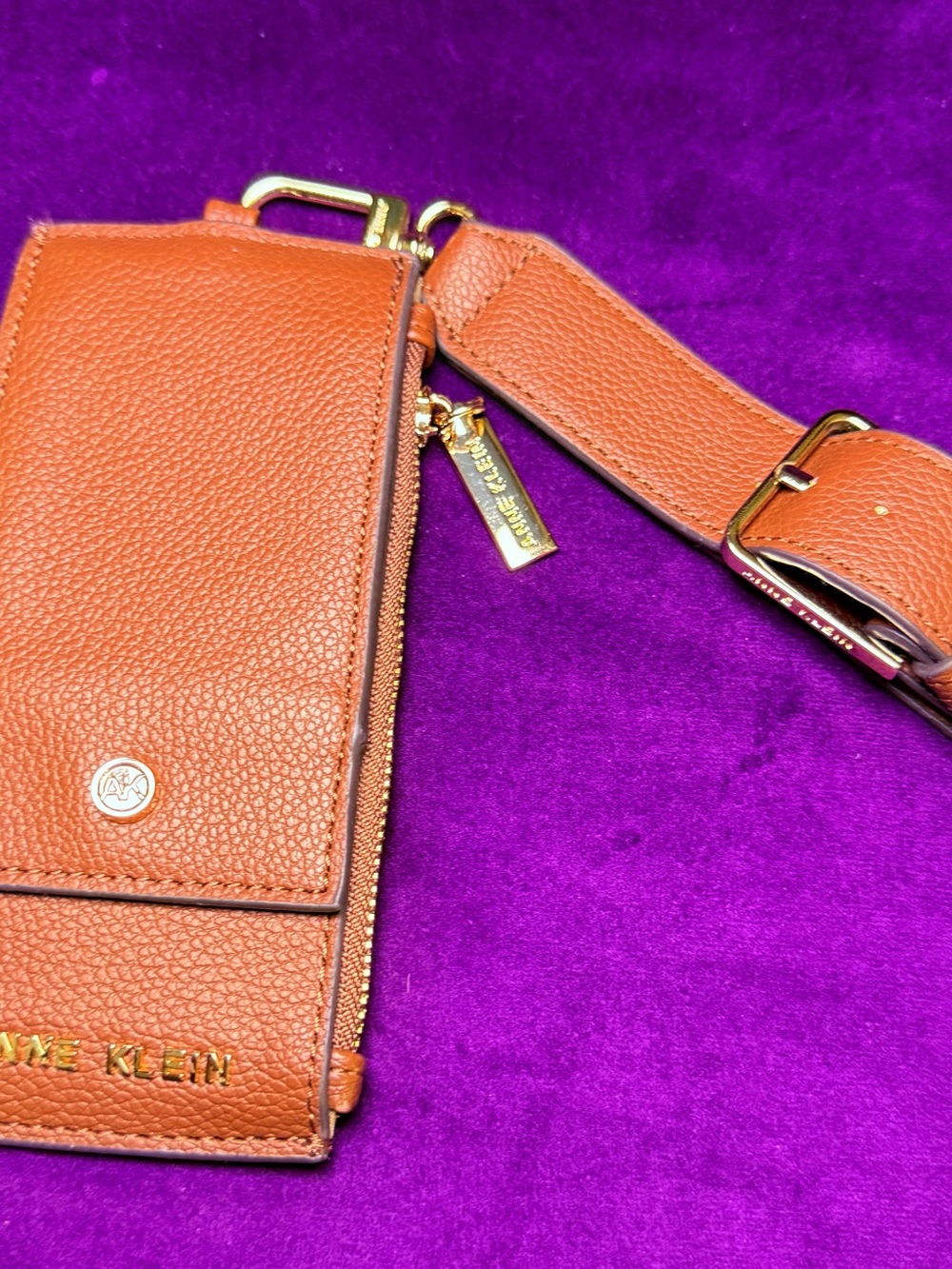 Anne Klein Cognac Leather Crossbody Phone Wallet with Gold Hardware
